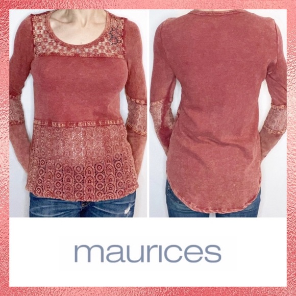 Maurices Tops - Maurices Rust Red Crochet Trim Henley Top Medium M